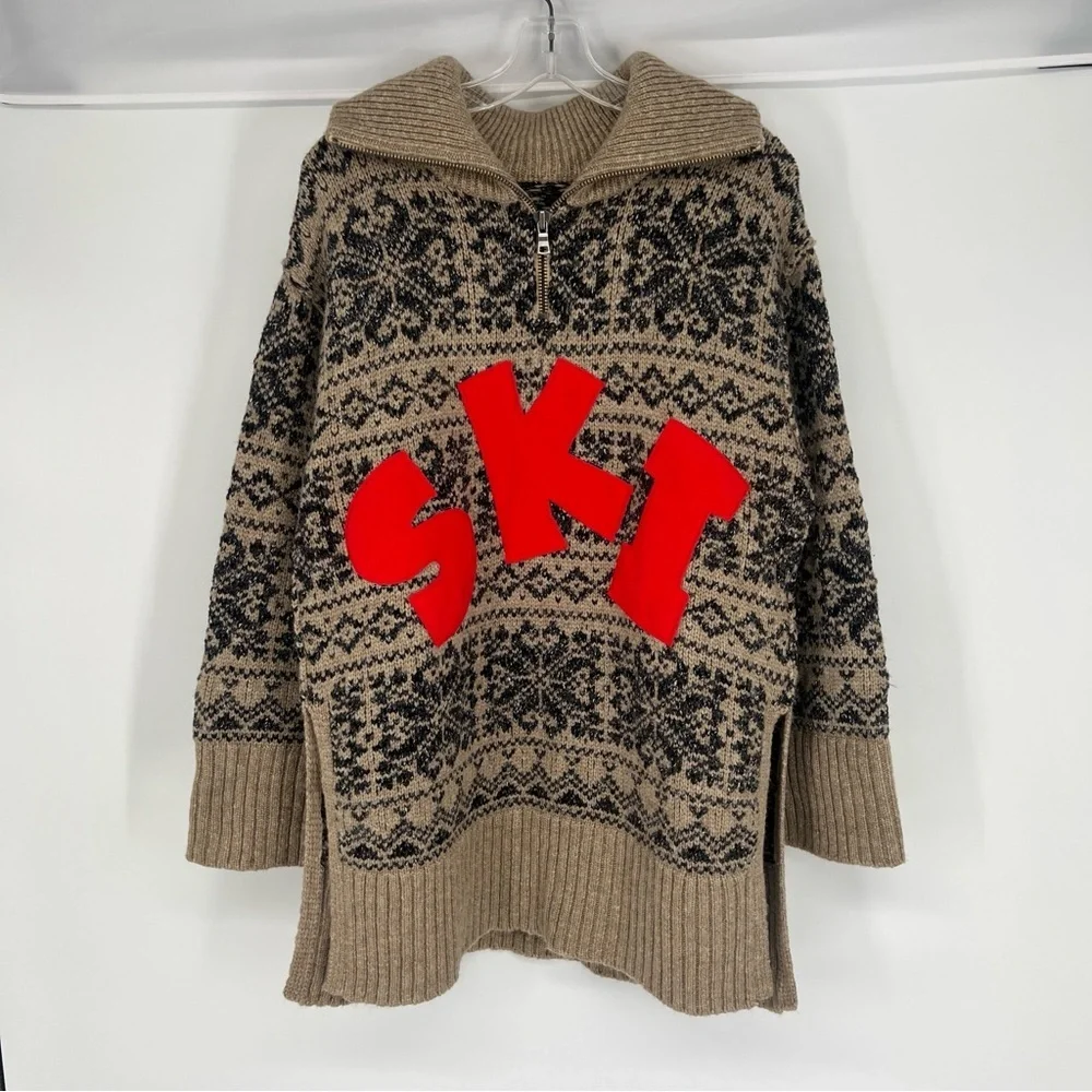 Free People Mt. Snow "SKI" Half Zip Collared Winter Knit Pullover Tunic Sweater - Picture 2 of 11